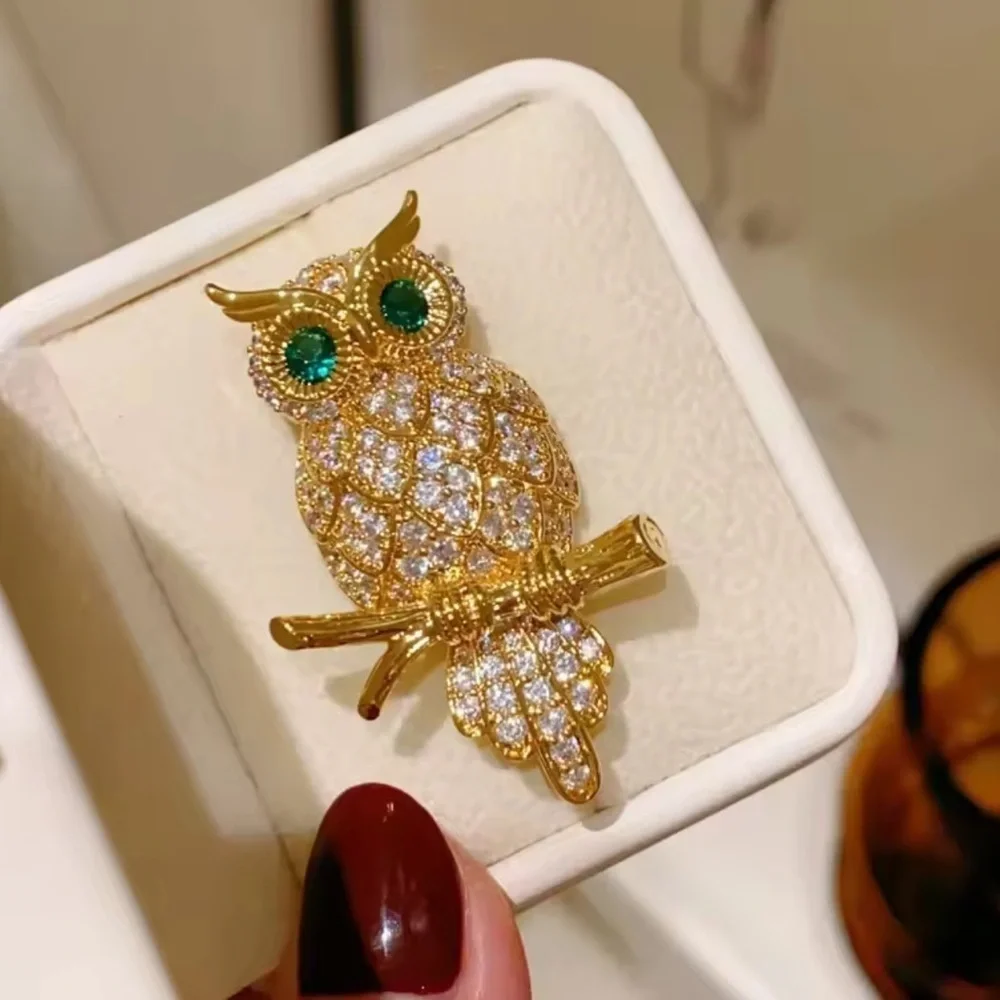 Golden Owl Crystal Emerald Eyes Brooch